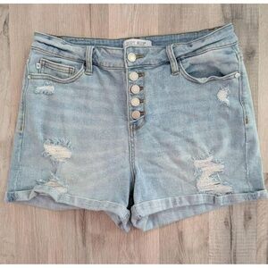 Judy Blue Light Wash Blue Distressed Button Fly Shorts, Large (A3)